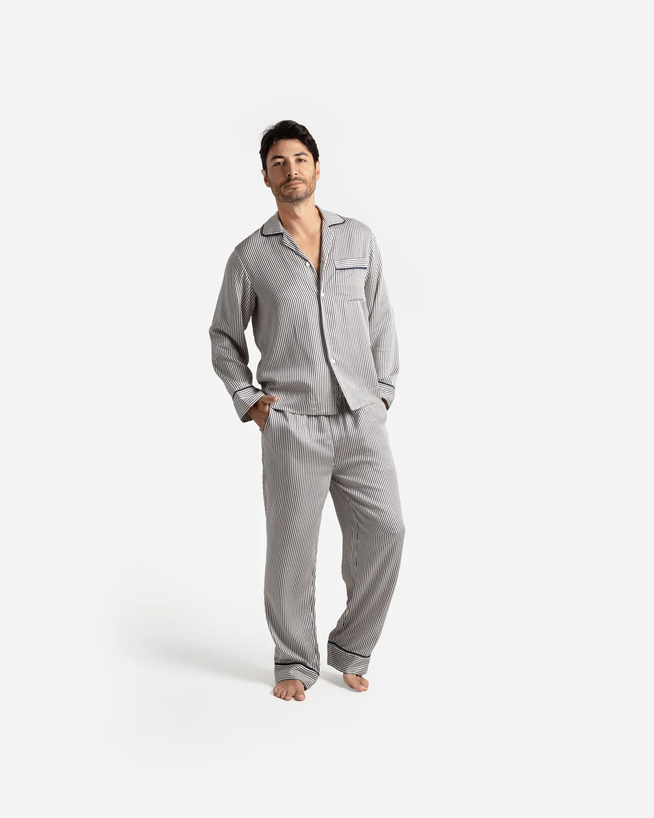 Silky Lyocell Long Striped Pajama Set - Image 13