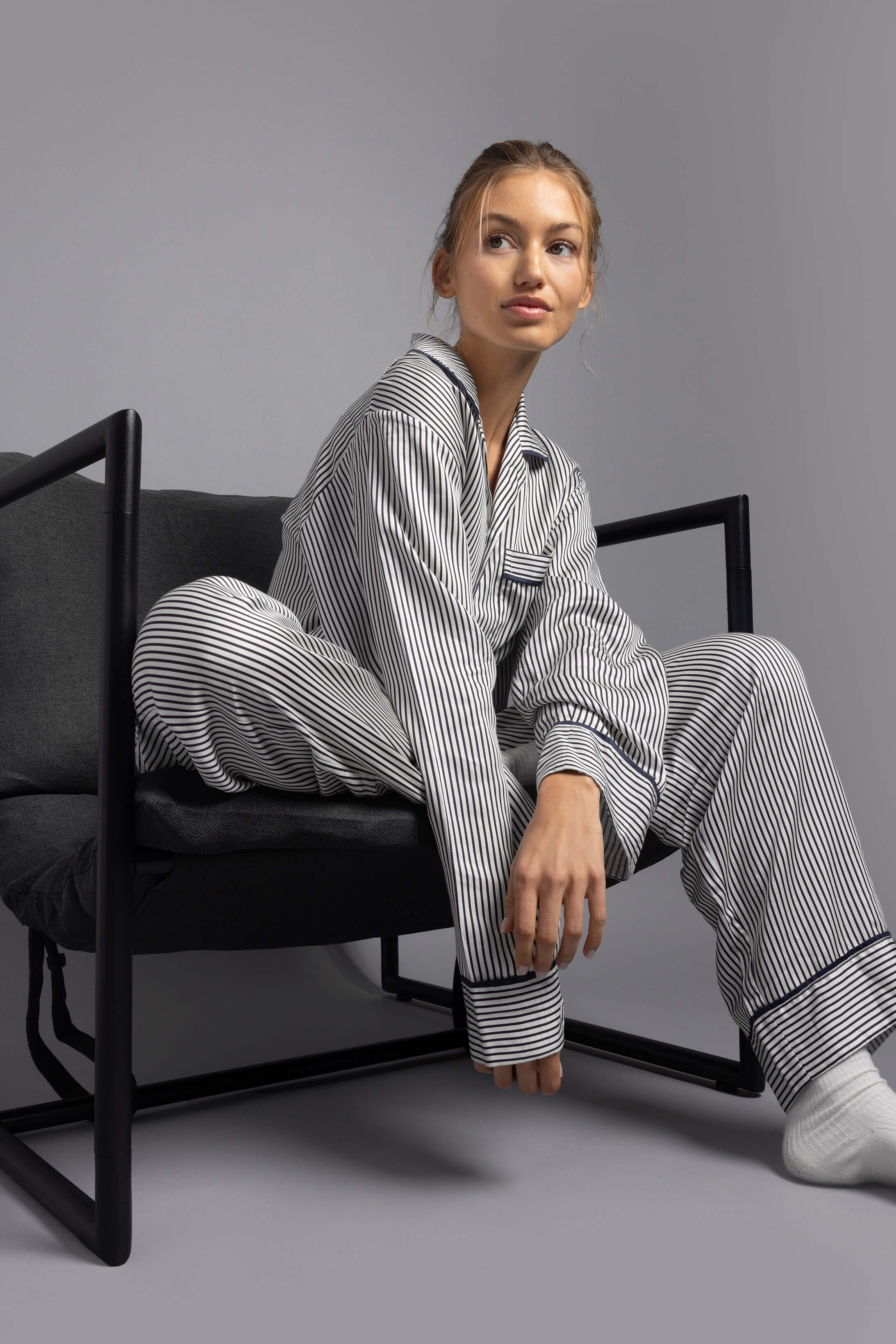 Silky Lyocell Long Striped Pajama Set - Image 7